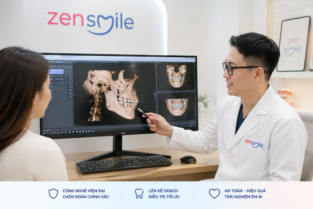 Bác sĩ đánh giá xương hàm trước khi cấy ghép Implant.
